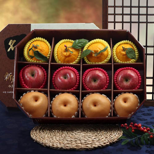 자연지기 팔각 실속과일3종 (4.6kg 배4+사과4+한라봉4) (보자기)