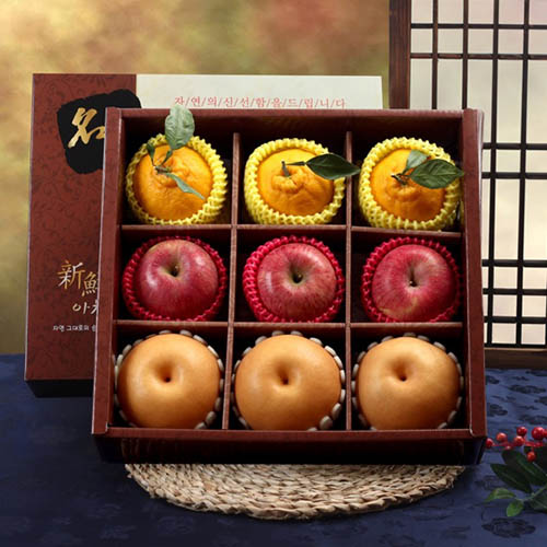 자연지기 실속과일3종 (3.4kg 배3+사과3+한라봉3) (보자기)